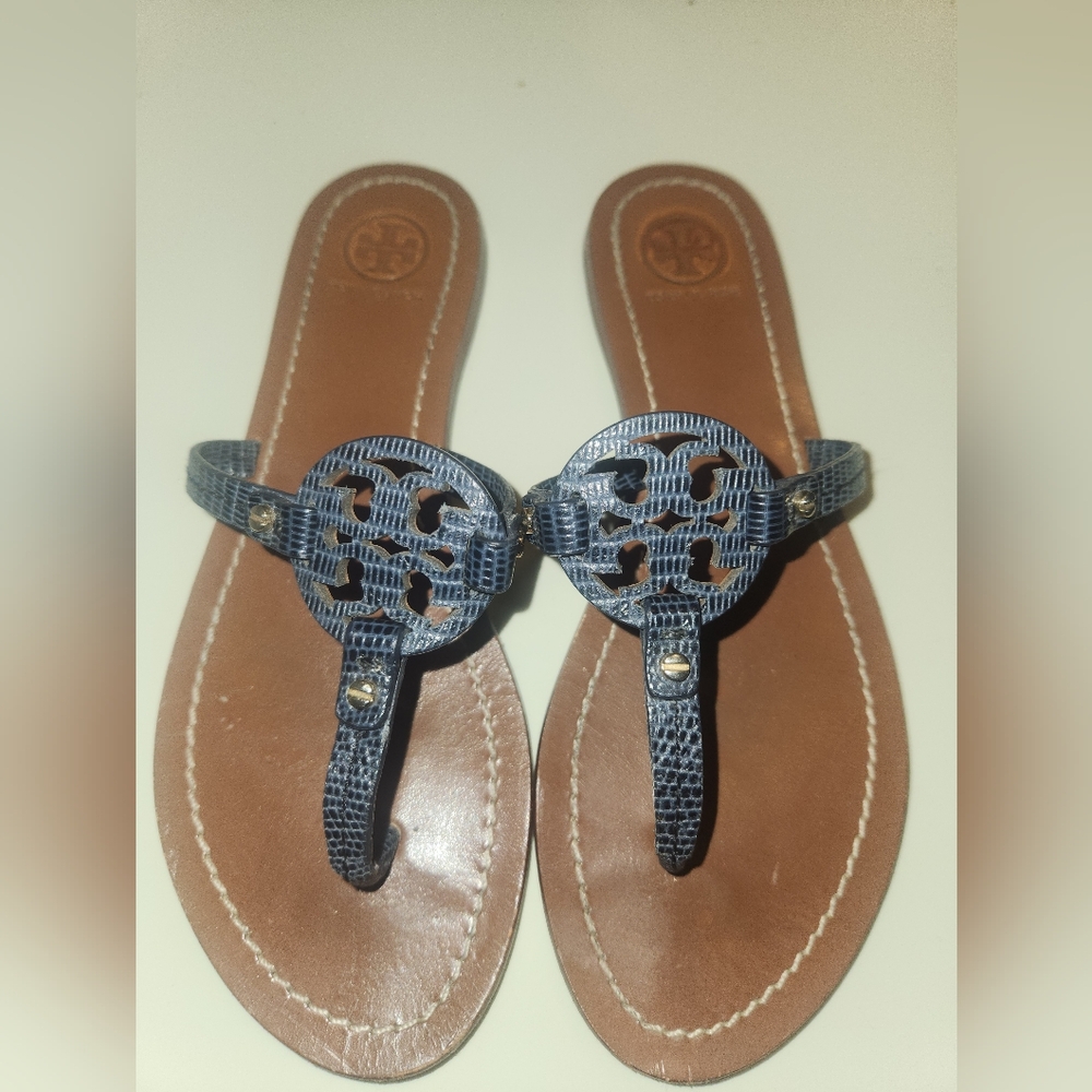 Tory Burch Mini Miller Black Navy Blue Embossed Leather Thong Sandal